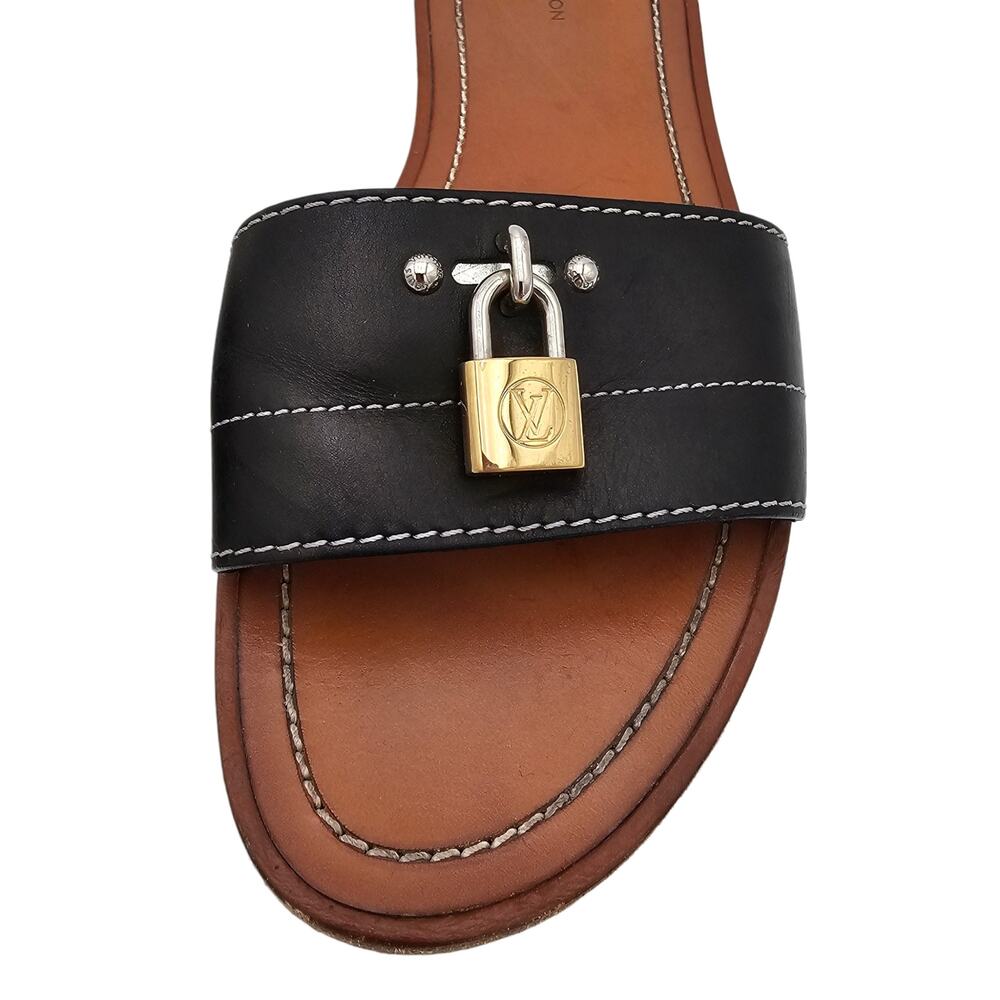 Louis Vuitton Lock It Flat Slide Sandal Black Brown Leather Gold Size 38 US 8 - Picture 7 of 13